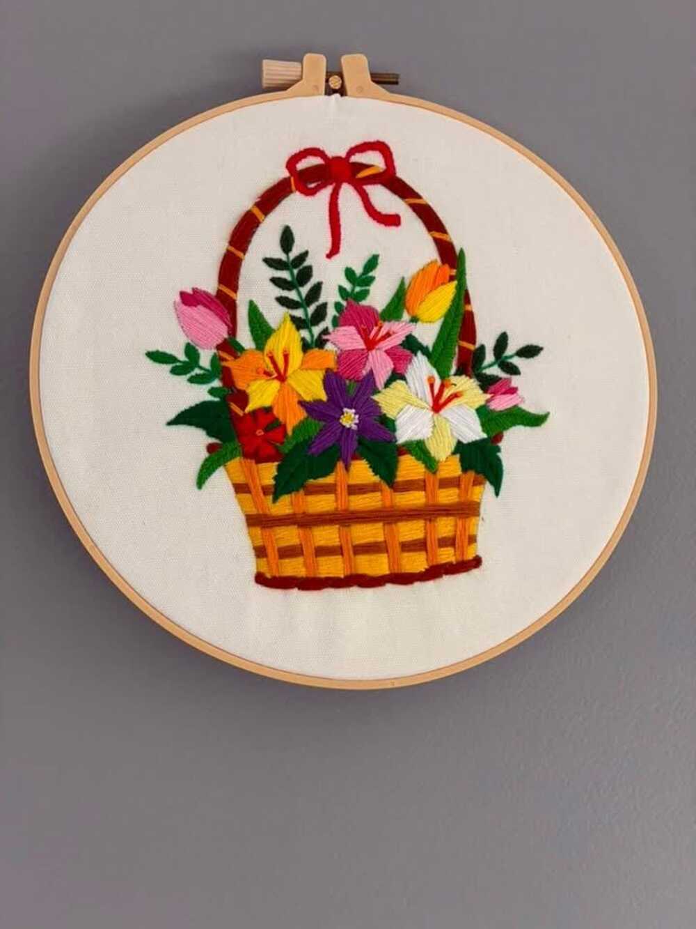Hand Embroidered Flower Basket Hoop | Colourful Floral Wall Décor | Handmade Fib